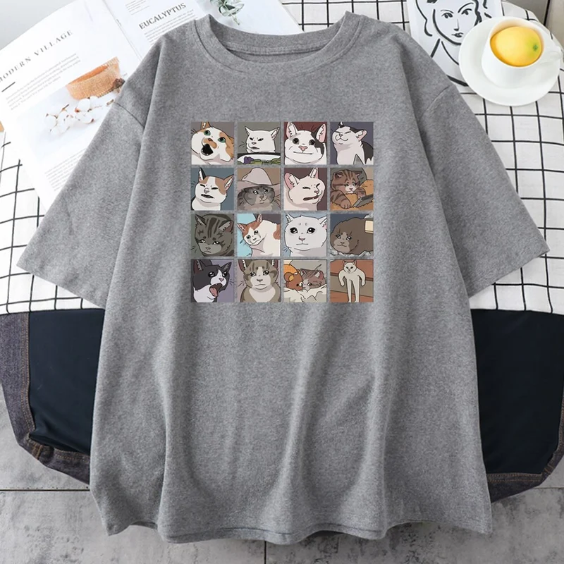 Damen Sommer Top Katze Hipster T-Shirt Rundhals Streetwear lockeres Damentop
