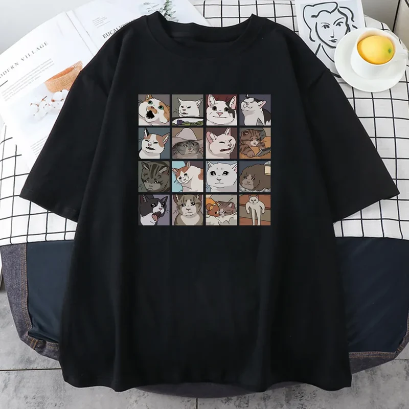 Damen Sommer Top Katze Hipster T-Shirt Rundhals Streetwear lockeres Damentop