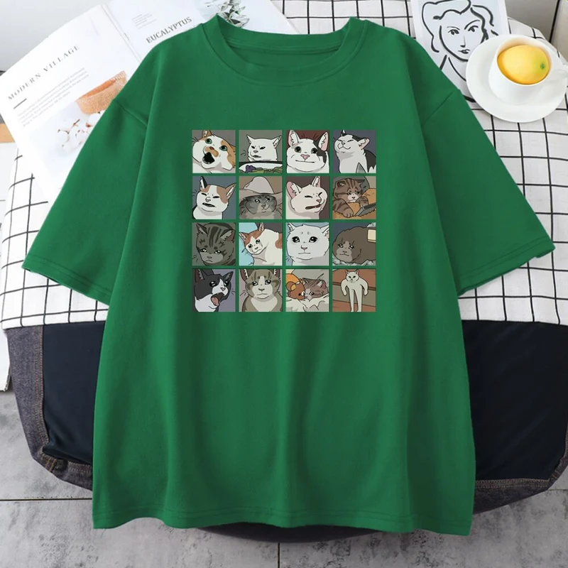 Damen Sommer Top Katze Hipster T-Shirt Rundhals Streetwear lockeres Damentop