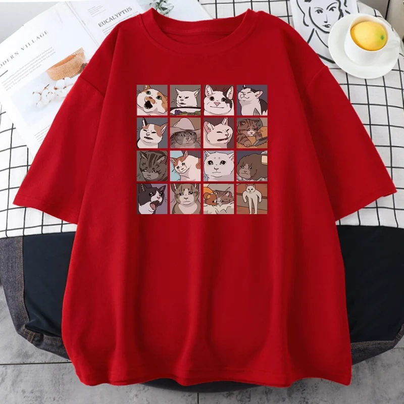 Damen Sommer Top Katze Hipster T-Shirt Rundhals Streetwear lockeres Damentop