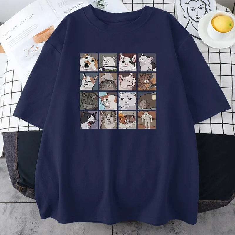 Damen Sommer Top Katze Hipster T-Shirt Rundhals Streetwear lockeres Damentop