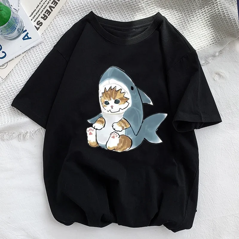 Damen Sommer Top Katze Hipster T-Shirt Rundhals Streetwear lockeres Damentop