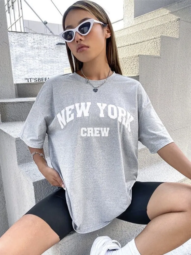 Damen Sommer Top New York Hipster T-Shirt Rundhals Streetwear lockeres Damentop