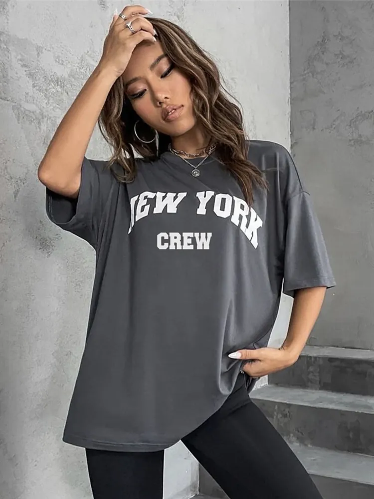 Damen Sommer Top New York Hipster T-Shirt Rundhals Streetwear lockeres Damentop
