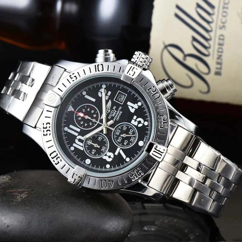 Herren Armbanduhr Silber Schwarz Edelstahl Quarzuhr Luxus Chronograph Business