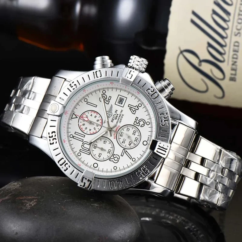 Herren Armbanduhr Silber Schwarz Edelstahl Quarzuhr Luxus Chronograph Business