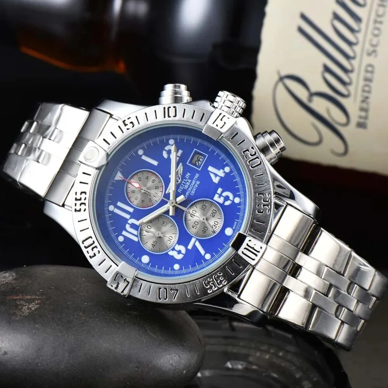 Herren Armbanduhr Silber Schwarz Edelstahl Quarzuhr Luxus Chronograph Business