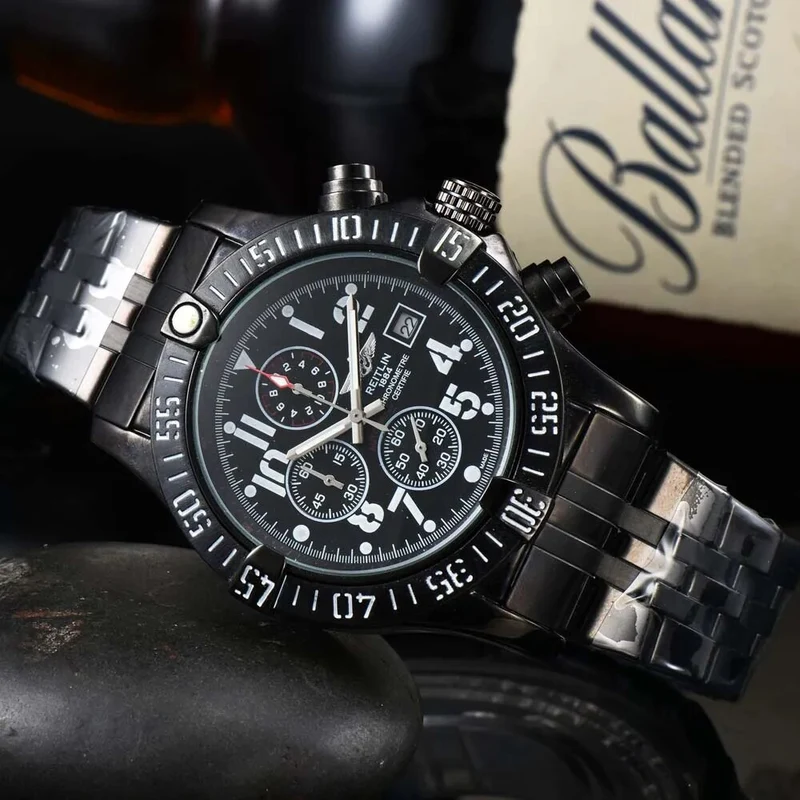 Herren Armbanduhr Silber Schwarz Edelstahl Quarzuhr Luxus Chronograph Business