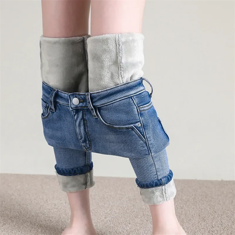 Damen Winter Warm Thermo Jeans Hose Innenfleece Stretch Hosen Leggins Denim