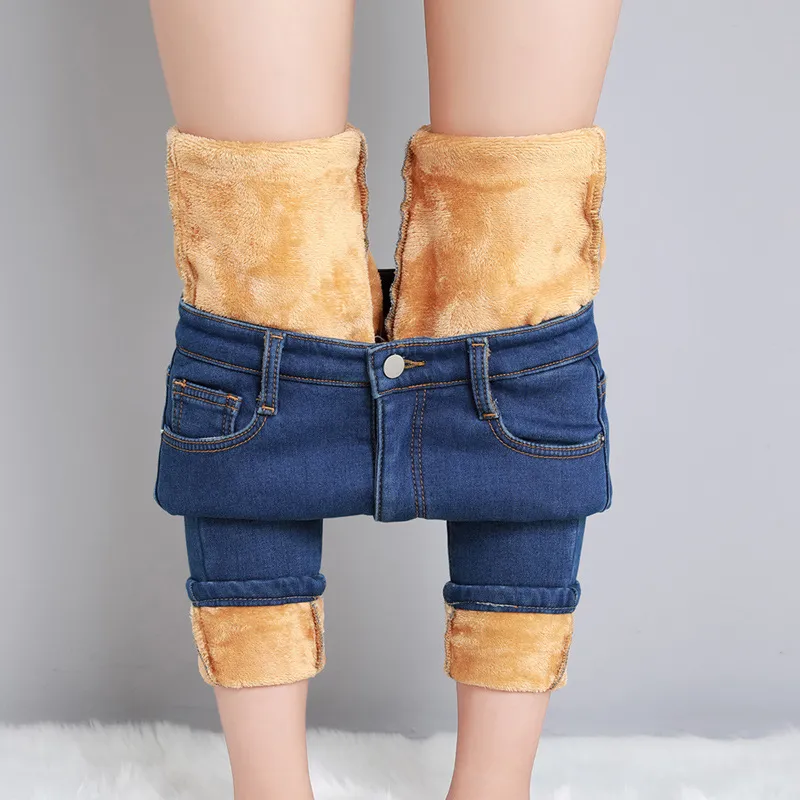 Frauen Winter Warm Thermo Jeans Hose Innenfleece Stretch Hosen Leggins Denim