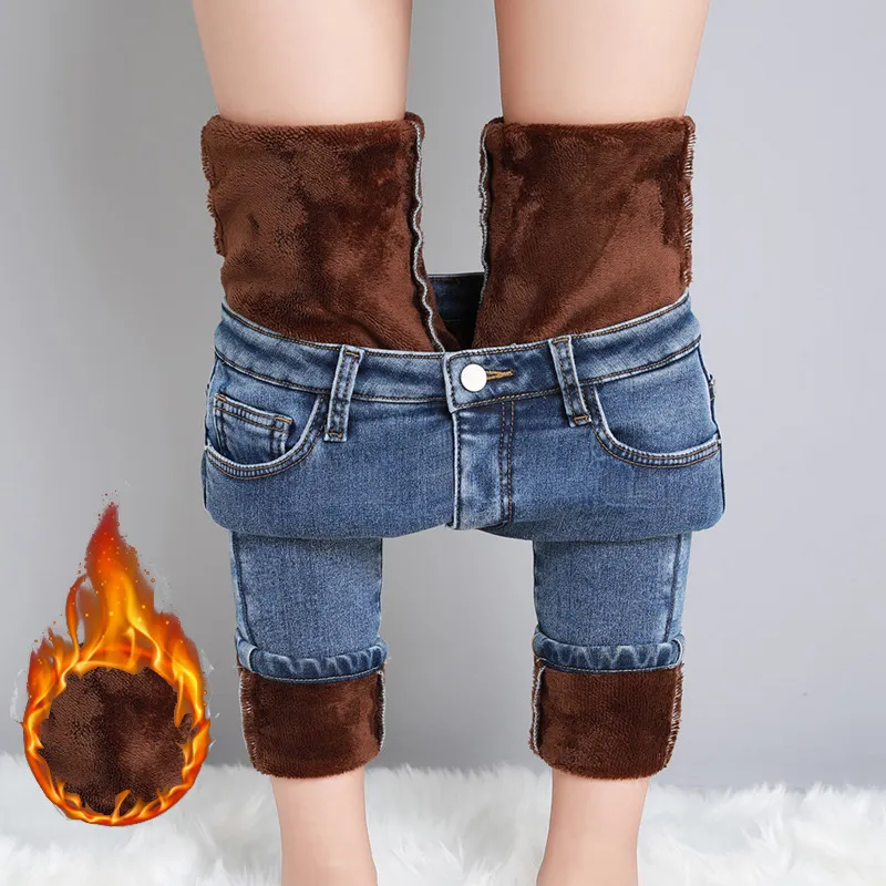 Frauen Winter Warm Thermo Jeans Hose Innenfleece Stretch Hosen Leggins Denim