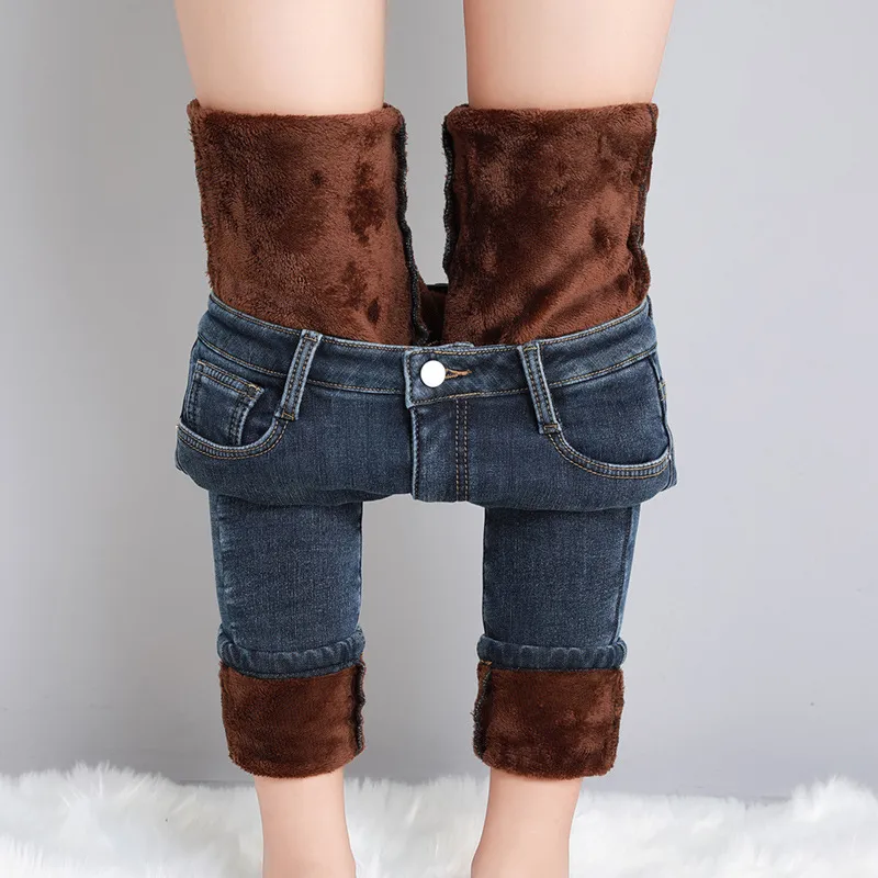 Frauen Winter Warm Thermo Jeans Hose Innenfleece Stretch Hosen Leggins Denim
