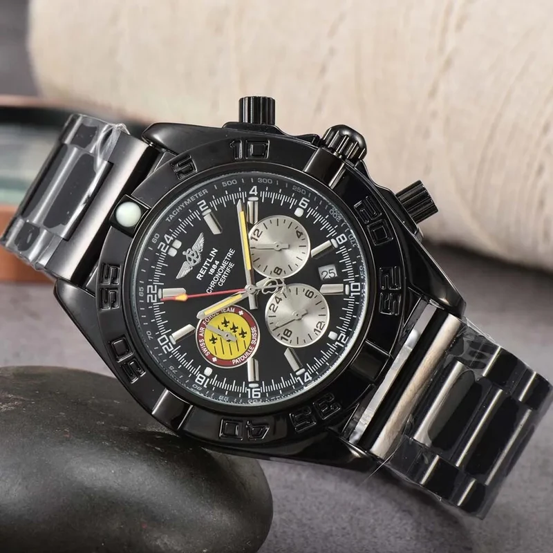 Herren Armbanduhr Silber Schwarz Edelstahl Quarzuhr Luxus Chronograph Business