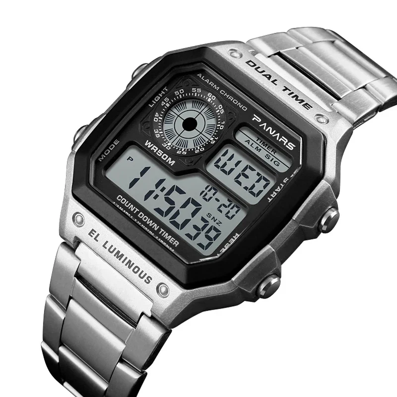 Herren Armbanduhr Digital Uhr Silber Edelstahl LED Quarzuhr Luxus Chronograph