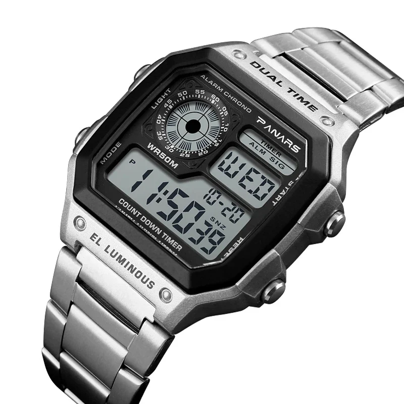 Herren Armbanduhr Digital Uhr Silber Edelstahl LED Quarzuhr Luxus Chronograph