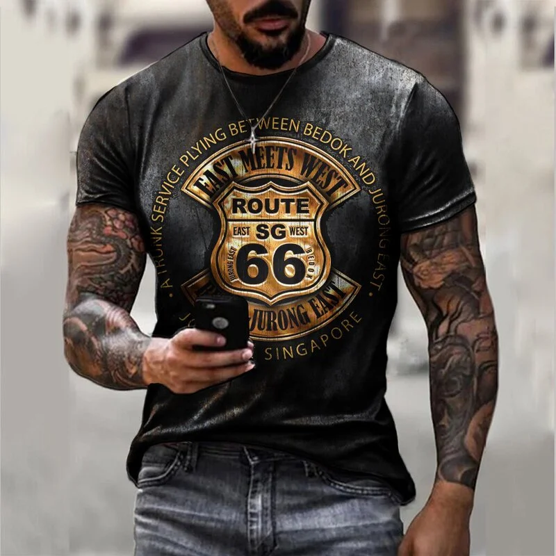 Herren T-Shirt Route 66 3D Kurzarm Shirt Rundhals Unisex Sommer Streetwear Top