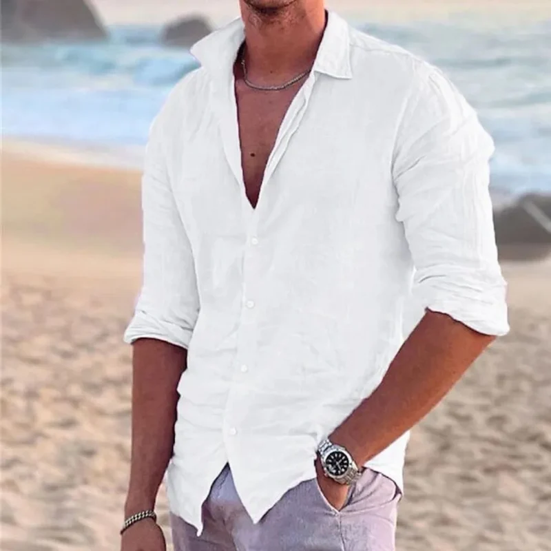 Herren Hemd Poloshirt Leinenhemd Langarm T-Shirt Leinen Polohemd Freizeithemd