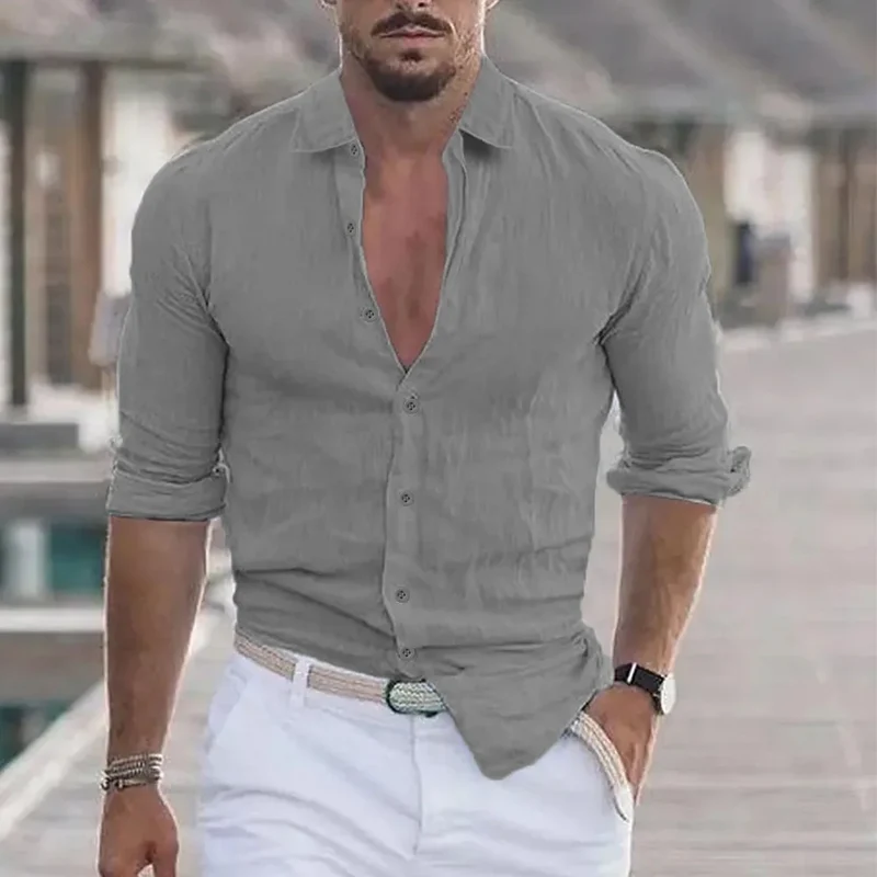 Herren Hemd Poloshirt Leinenhemd Langarm T-Shirt Leinen Polohemd Freizeithemd
