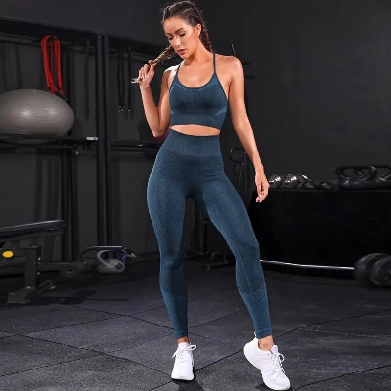 Damen Leggings Push Up Stretch Leggins Yoga Fitness Hose Sport BH Set Top Gym