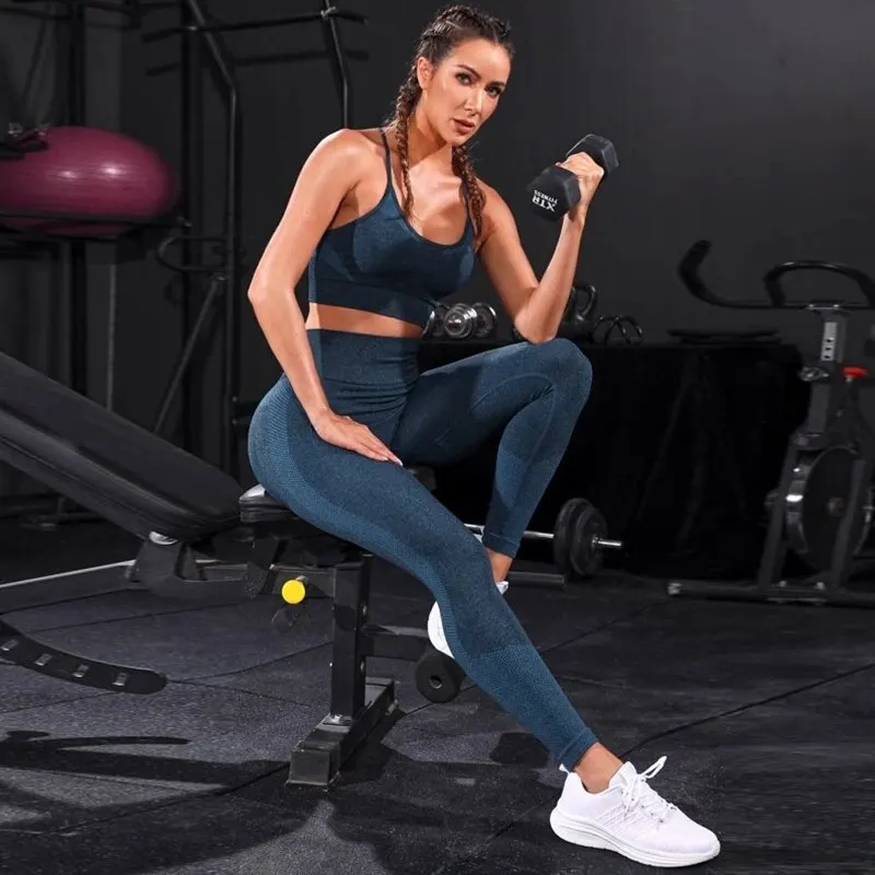 Damen Leggings Push Up Stretch Leggins Yoga Fitness Hose Sport BH Set Top Gym