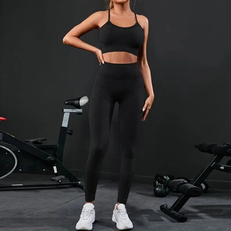Damen Leggings Push Up Stretch Leggins Yoga Fitness Hose Sport BH Set Top Gym