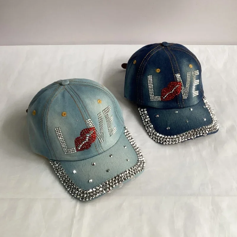 Jeans Basecap Cappy Denim Look Cap Kappe LOVE Strass gebogen Herren Damen