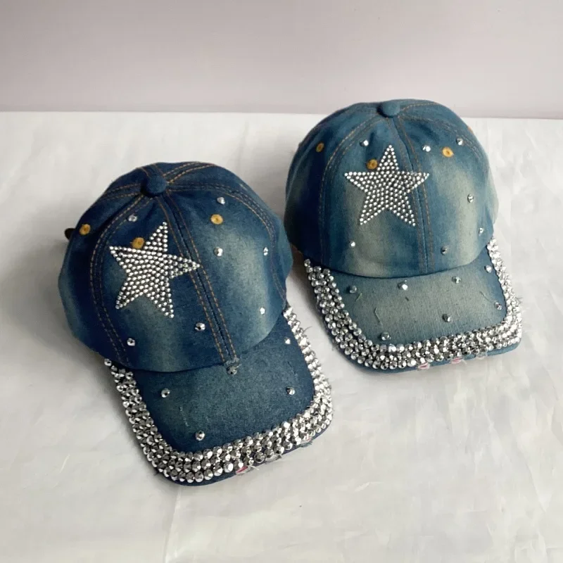 Jeans Basecap Cappy Denim Look Cap Kappe LOVE Strass gebogen Herren Damen