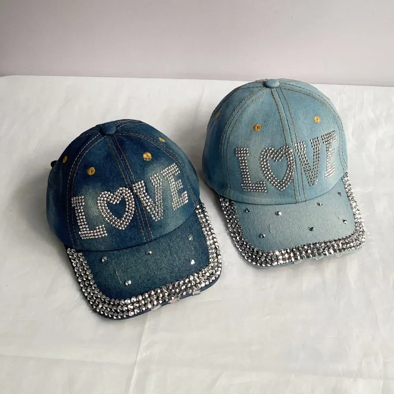 Jeans Basecap Cappy Denim Look Cap Kappe LOVE Strass gebogen Herren Damen