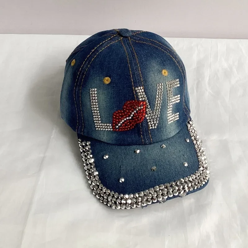 Jeans Basecap Cappy Denim Look Cap Kappe LOVE Strass gebogen Herren Damen