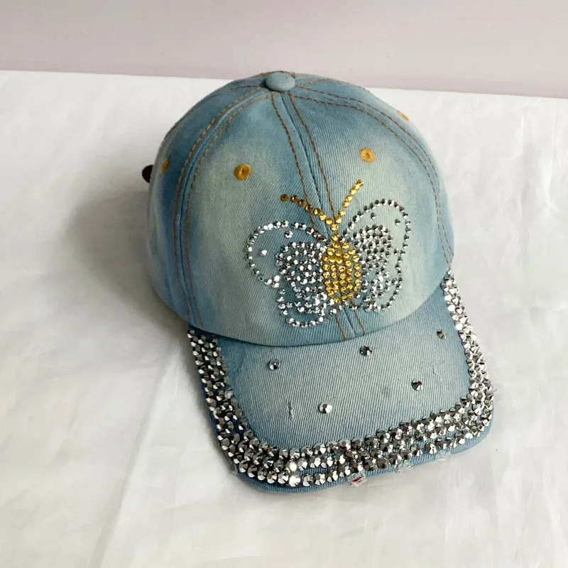 Jeans Basecap Cappy Denim Look Cap Kappe LOVE Strass gebogen Herren Damen