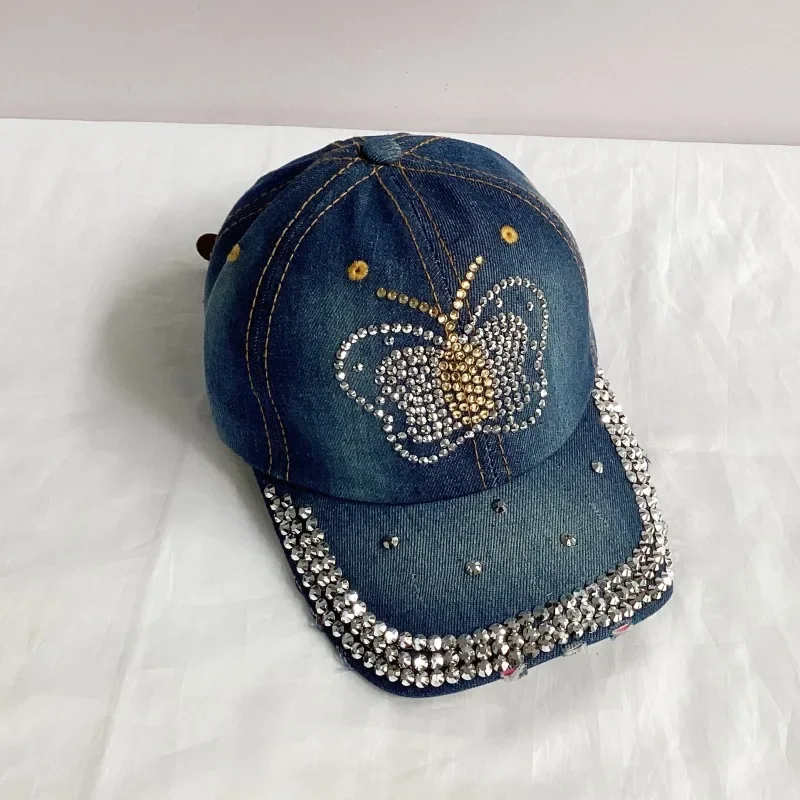 Jeans Basecap Cappy Denim Look Cap Kappe LOVE Strass gebogen Herren Damen