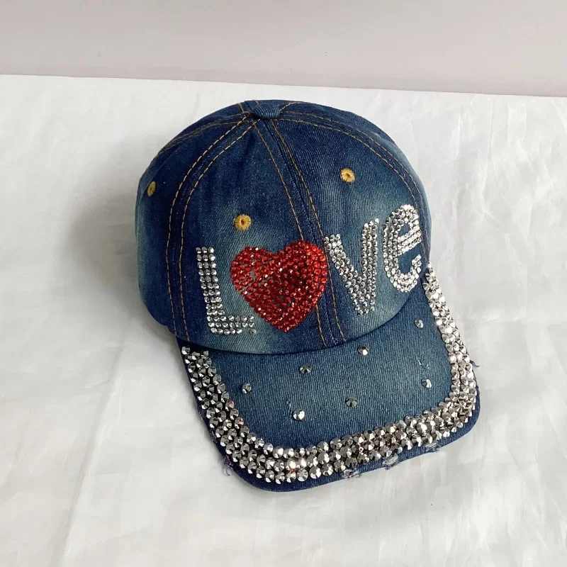 Jeans Basecap Cappy Denim Look Cap Kappe LOVE Strass gebogen Herren Damen