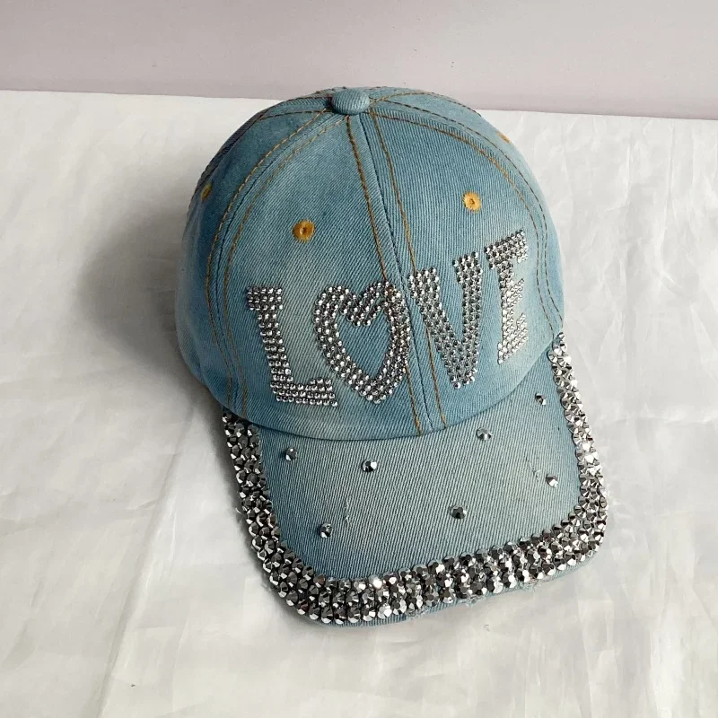 Jeans Basecap Cappy Denim Look Cap Kappe LOVE Strass gebogen Herren Damen