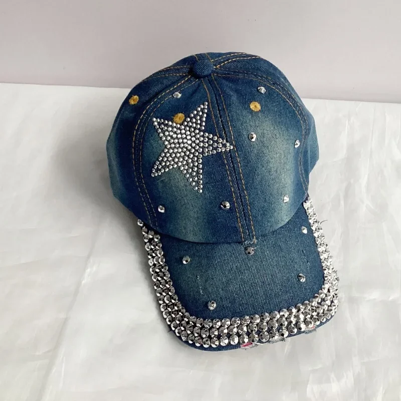 Jeans Basecap Cappy Denim Look Cap Kappe LOVE Strass gebogen Herren Damen