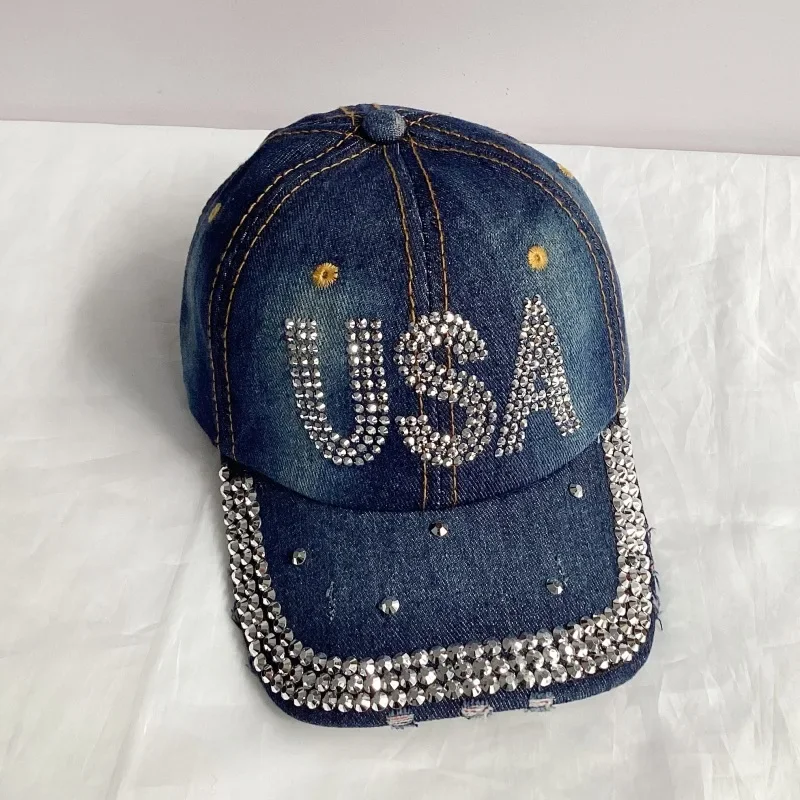 Jeans Basecap Cappy Denim Look Cap Kappe LOVE Strass gebogen Herren Damen