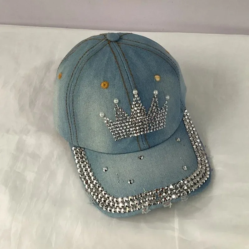 Jeans Basecap Cappy Denim Look Cap Kappe LOVE Strass gebogen Herren Damen