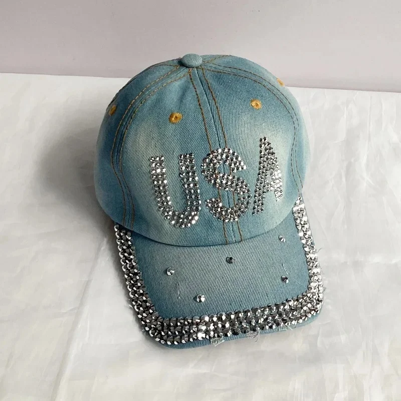 Jeans Basecap Cappy Denim Look Cap Kappe LOVE Strass gebogen Herren Damen
