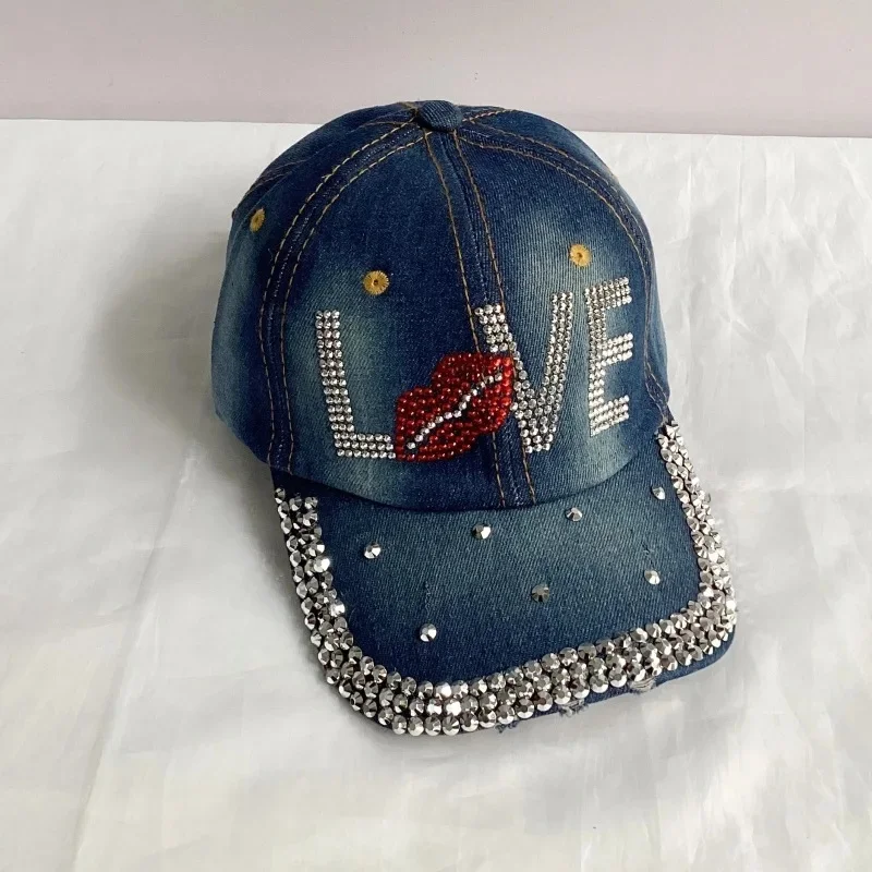 Jeans Basecap Cappy Denim Look Cap Kappe LOVE Strass gebogen Herren Damen