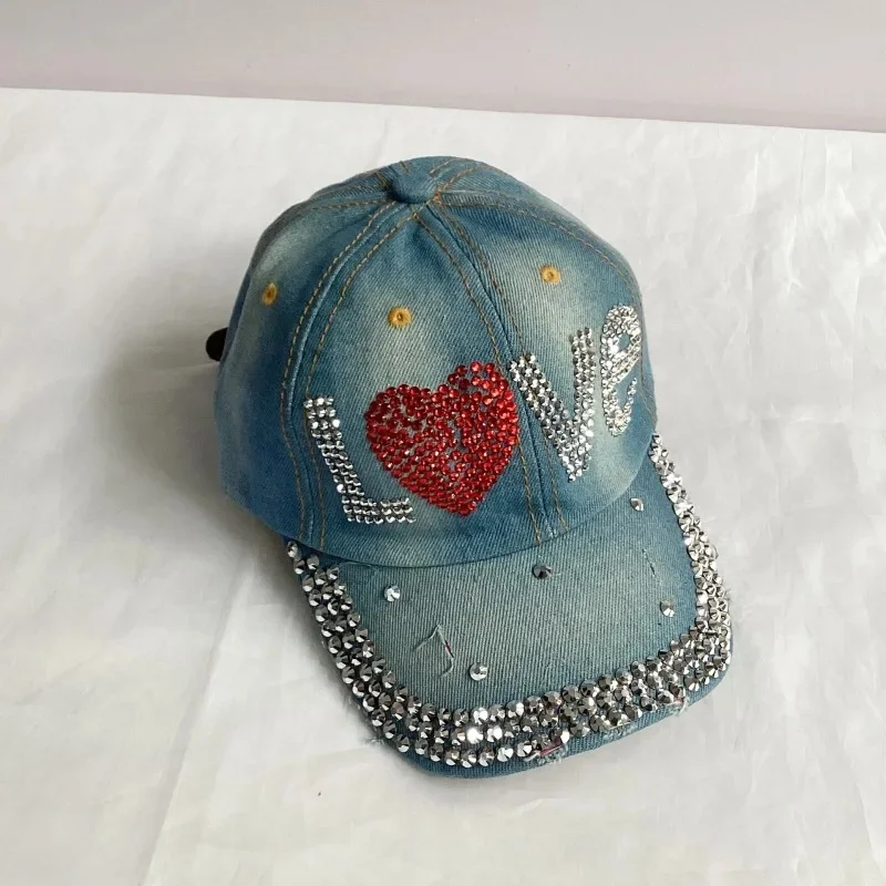 Jeans Basecap Cappy Denim Look Cap Kappe LOVE Strass gebogen Herren Damen