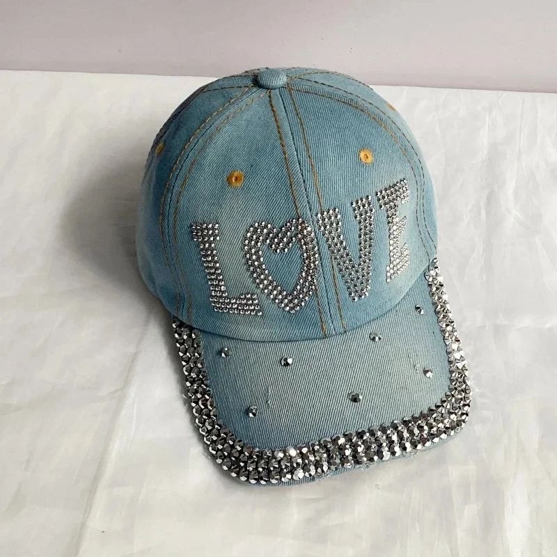 Jeans Basecap Cappy Denim Look Cap Kappe LOVE Strass gebogen Herren Damen