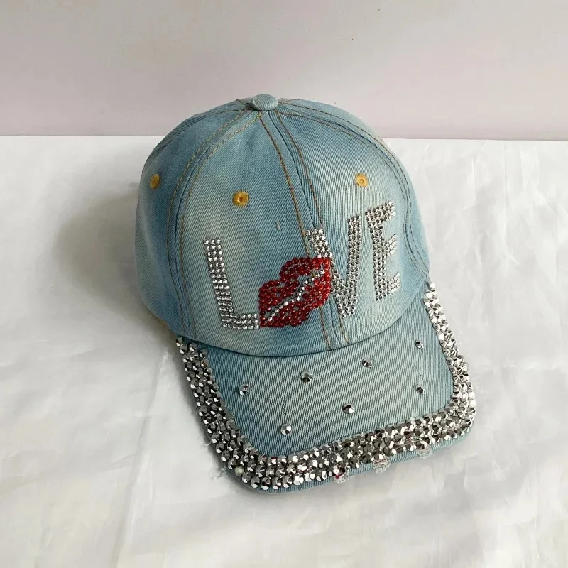 Jeans Basecap Cappy Denim Look Cap Kappe LOVE Strass gebogen Herren Damen