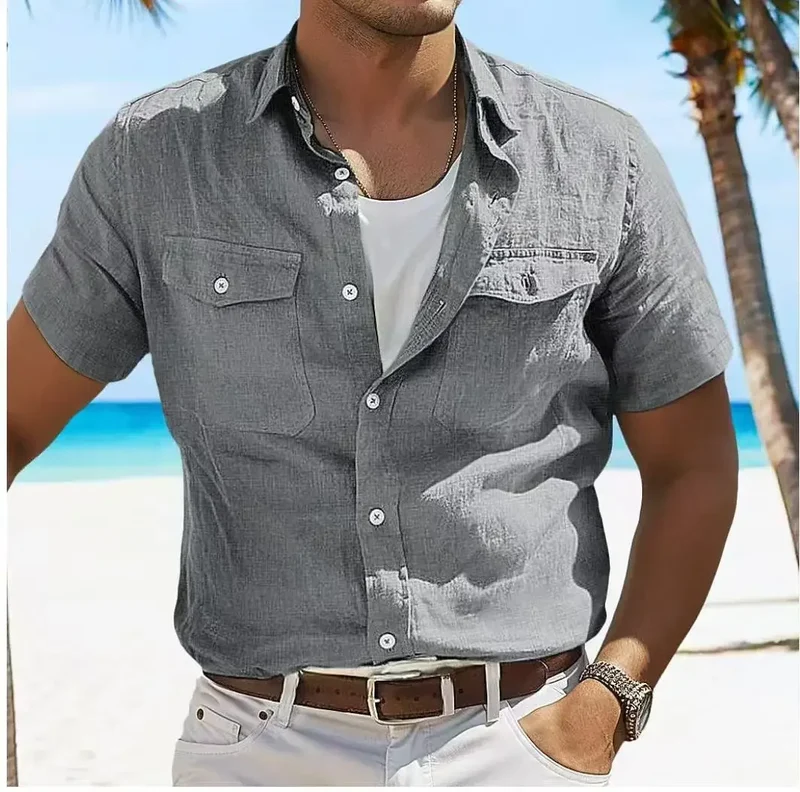 Herren Leinenhemd Poloshirt Langarm T-Shirt Leinen Hemd Polohemd Freizeithemd