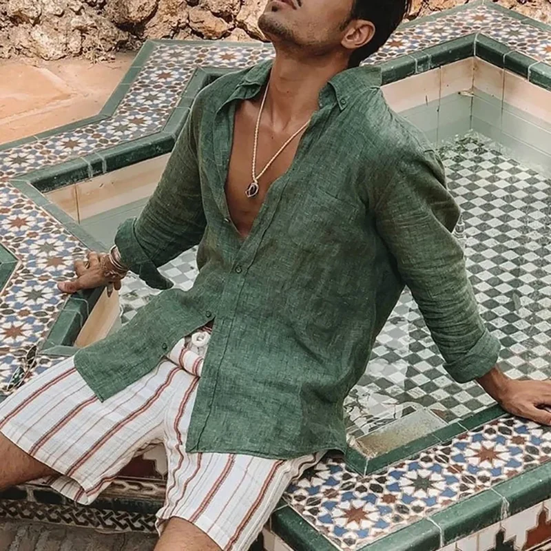 Herren-Langarmhemd, Frühling und Sommer, leichte Strandhemden, Umlegekragen, einfacher Basic-Stil, einreihiges Oberteil