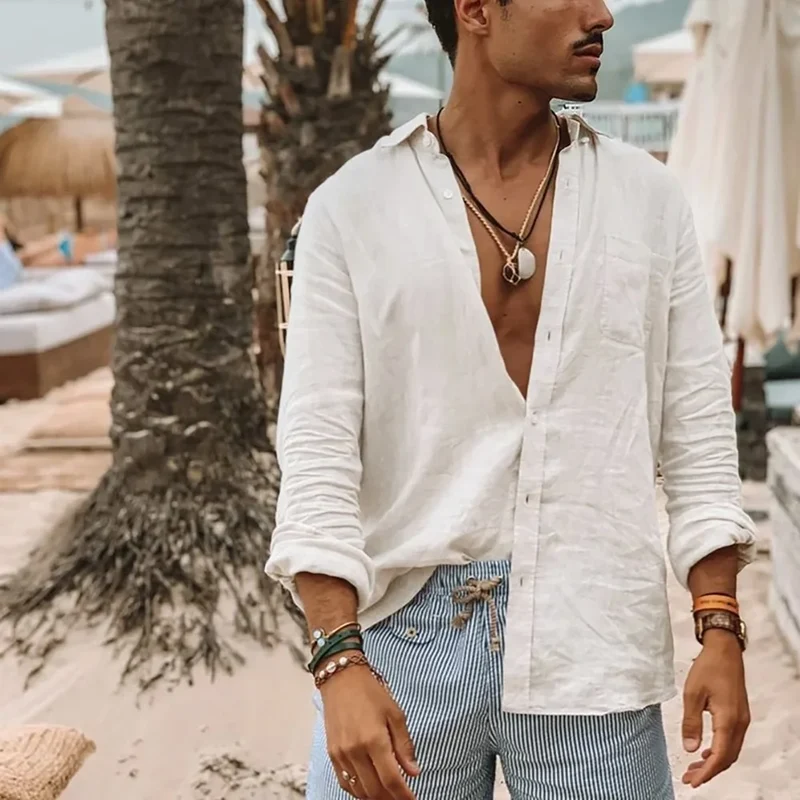 Herren-Langarmhemd, Frühling und Sommer, leichte Strandhemden, Umlegekragen, einfacher Basic-Stil, einreihiges Oberteil