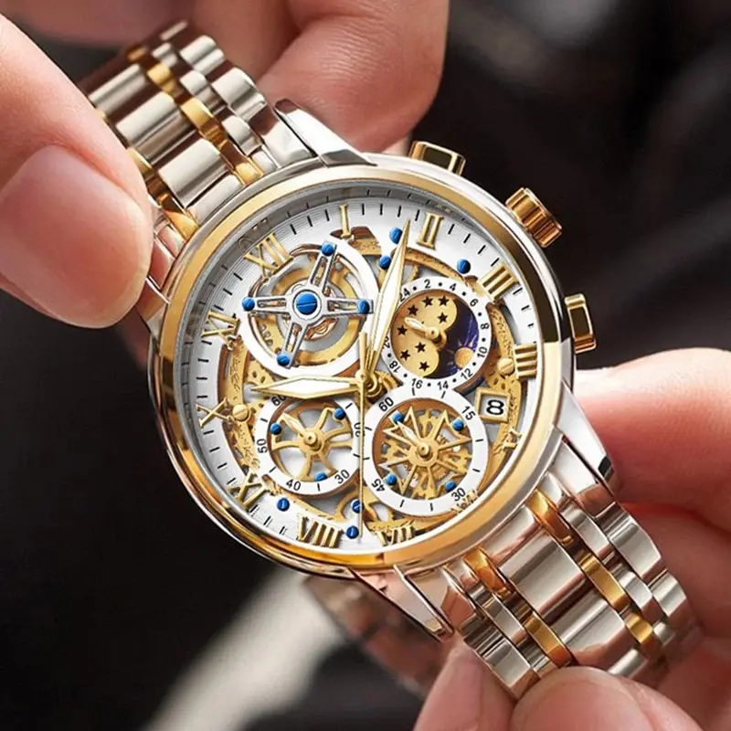 Herren Armbanduhr Silber Schwarz Edelstahl Quarzuhr Luxus Chronograph Business