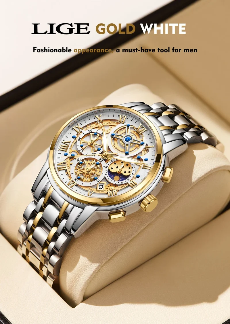 Herren Armbanduhr Silber Schwarz Edelstahl Quarzuhr Luxus Chronograph Business