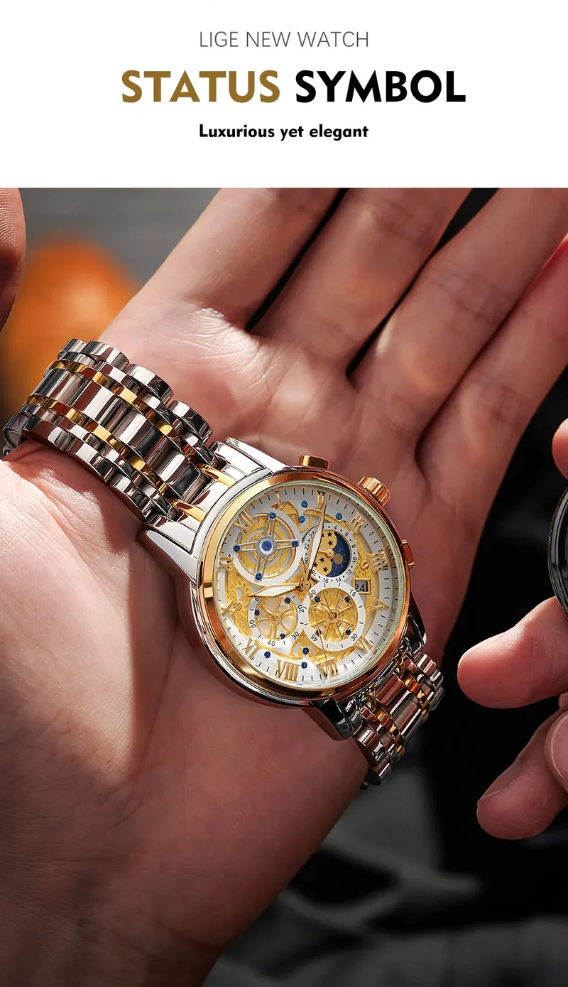 Herren Armbanduhr Silber Schwarz Edelstahl Quarzuhr Luxus Chronograph Business