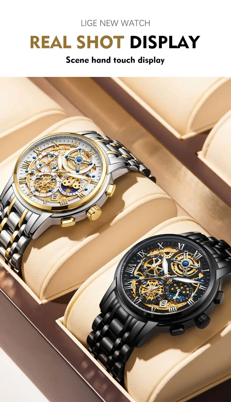 Herren Armbanduhr Silber Schwarz Edelstahl Quarzuhr Luxus Chronograph Business