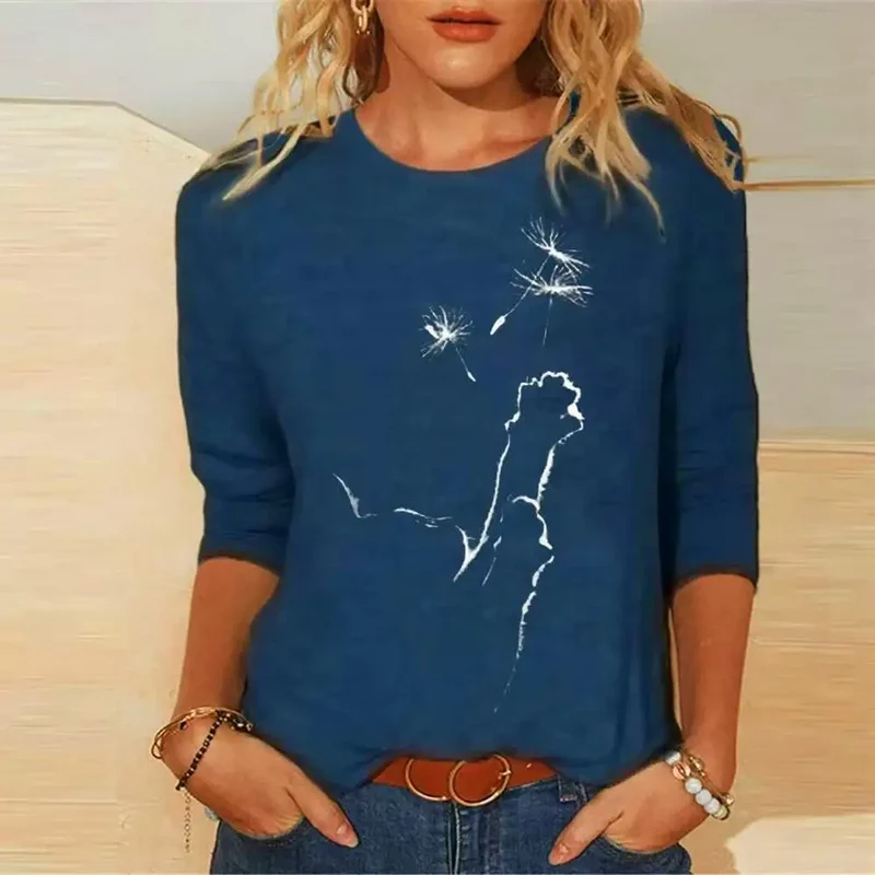 Damen Sommer Top 3D Katzen Langarm T-Shirt Rundhals Streetwear lockeres Damentop