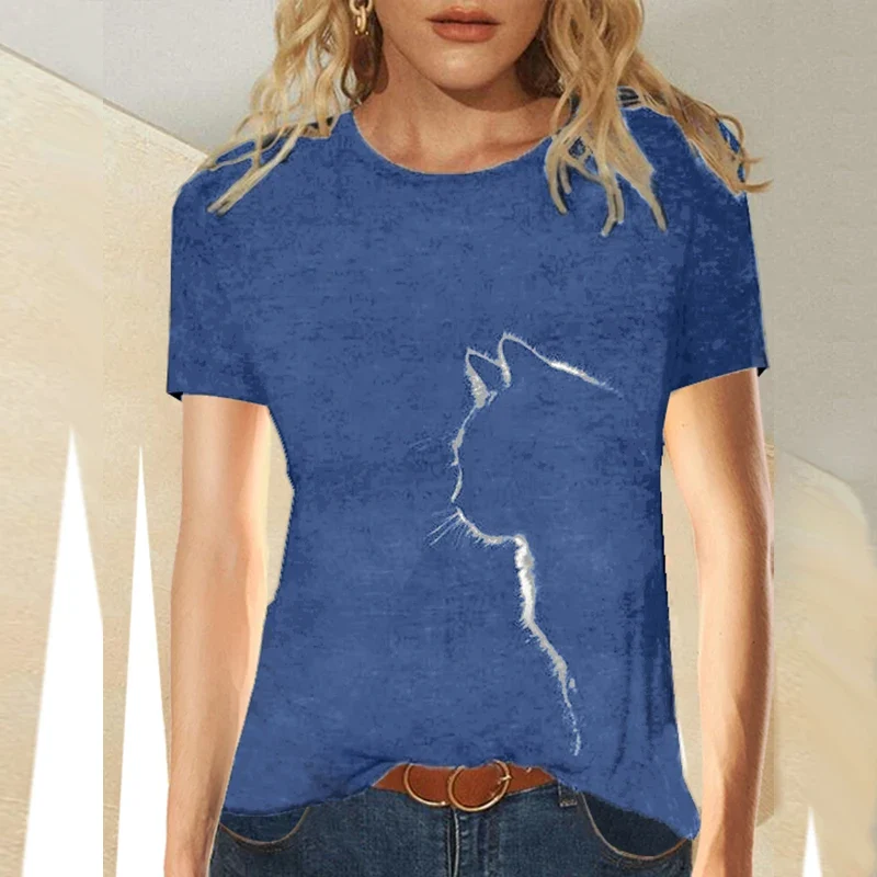 Damen Sommer Top 3D Katzen Langarm T-Shirt Rundhals Streetwear lockeres Damentop